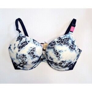 PINK Victoria's Secret 34DD Wear Everywhere Push-Up Bra Blue White Lace Overlay